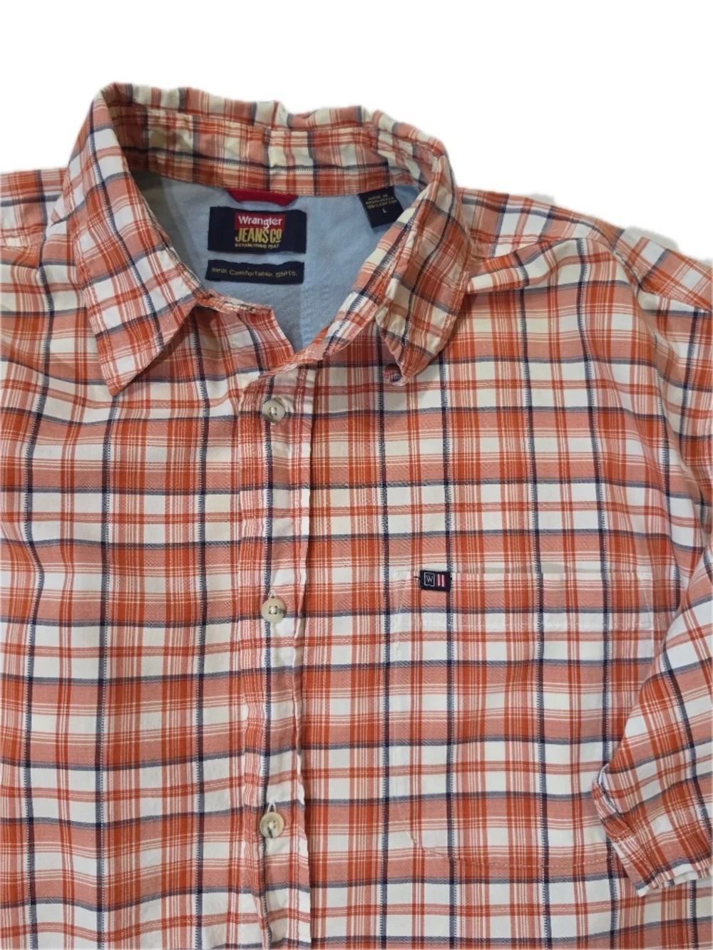 Wrangler Shirt Mens‎ L Orange Plaid Short Sleeve Button Up Cotton Casual